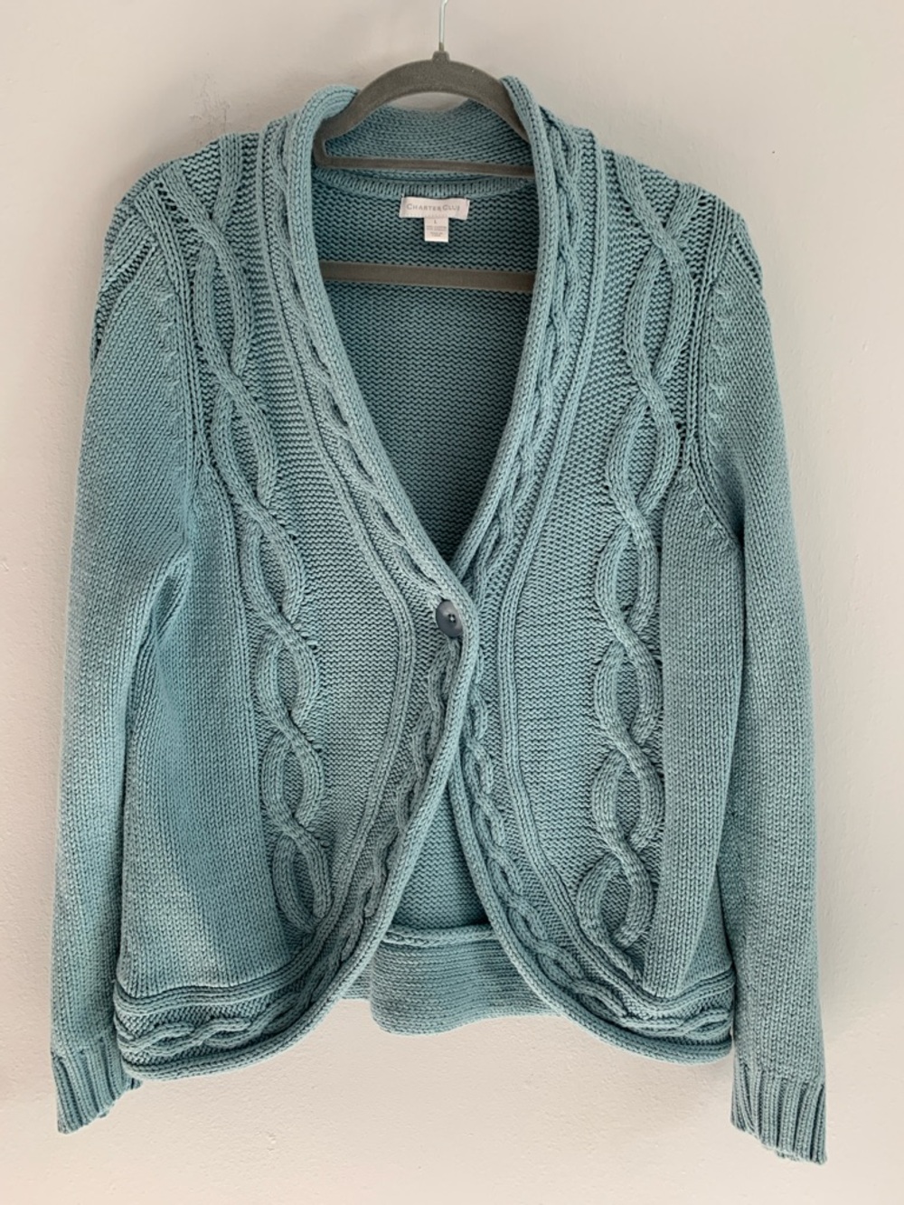 CHARTER CLUB Teal Cable-Knit Shawl Collar Cardigan